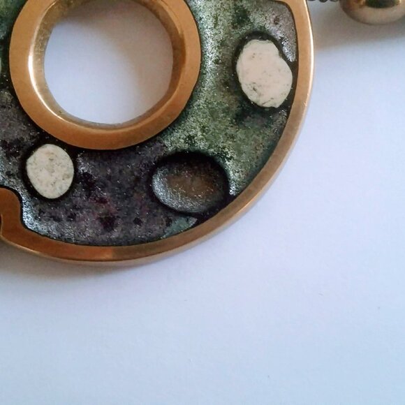 VINTAGE🌻Mid-century 70's ARTISAN BRASS ENAMEL INLAY CHOCKER NECKLACE - Picture 5 of 6